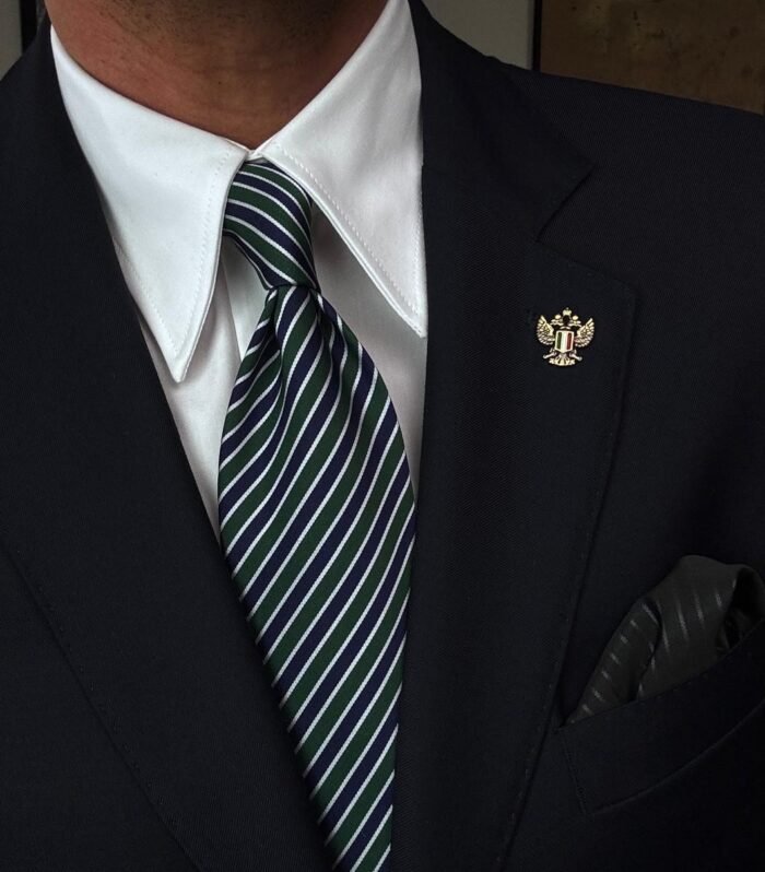 Green & Blue Striped Tie - 8 cm - With Pocket Square