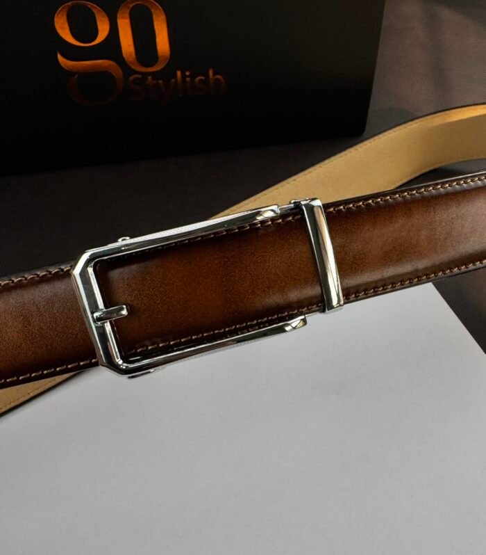 Havana Brown ''Track'' Leather Belt - Silver Buckle