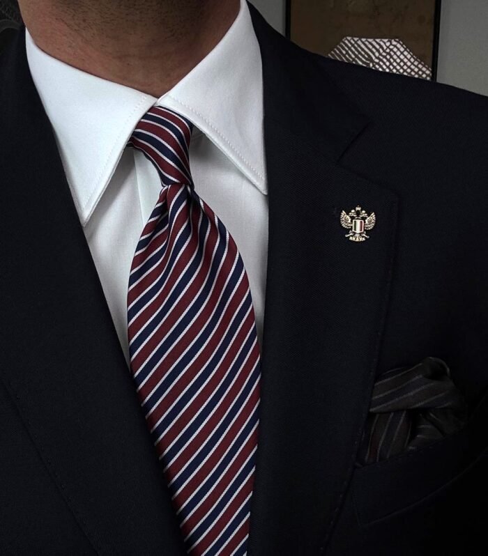 Blue & Burgundy Striped Tie - 8 cm - With Pocket Square